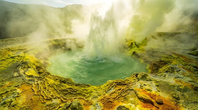 Boiling sulfuric acid erupting from vivid green crater lake, corrosive mist etching surrounding volcanic terrain
