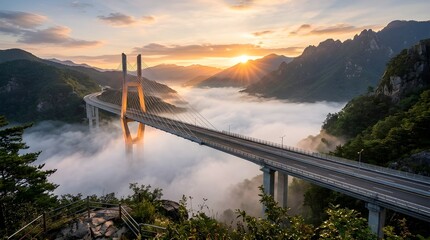 Obraz premium Modern bridge above mist covered valley illuminated by warm sunrise beams in ultra HD
