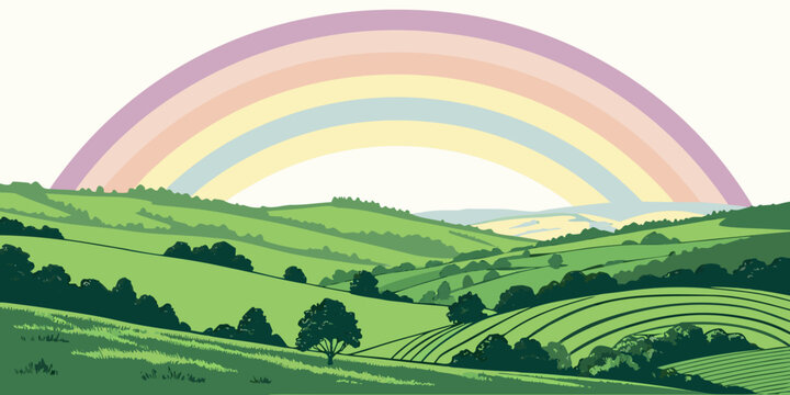 A colorful rainbow appears over a green hill Vector