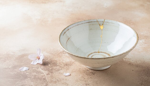 金継ぎの和食器ボウルと桜の花びら（ベージュ背景・余白）