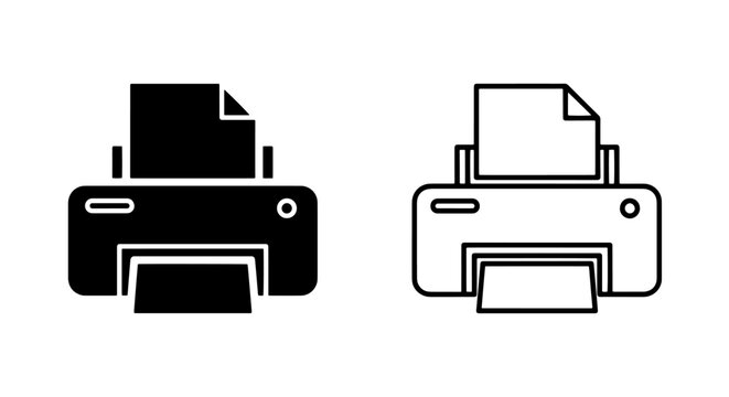 Printer machine icon with paper output, office device technology symbol vector