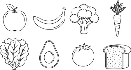 Healthy food outline icon collection with apple banana broccoli carrot lettuce avocado tomato and bread simple line vector nutrition illustration set © Rezaul