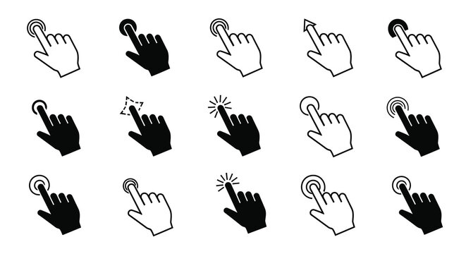 Collection of hand cursor icons demonstrating various clicking actions silhouette