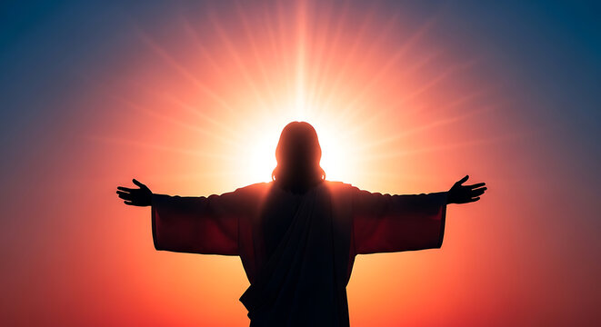 Jesus Christ silhouette with open arms and radiant sunbeams