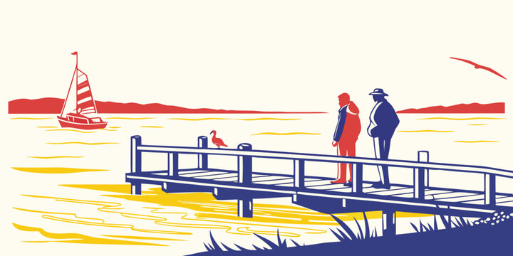 A couple standing on a dock by the water Vector