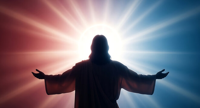 Resurrection of Christ with divine light and colorful background