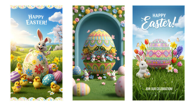 Easter poster themed illustrations with bunnies eggs and spring flowers in a colorful setting.