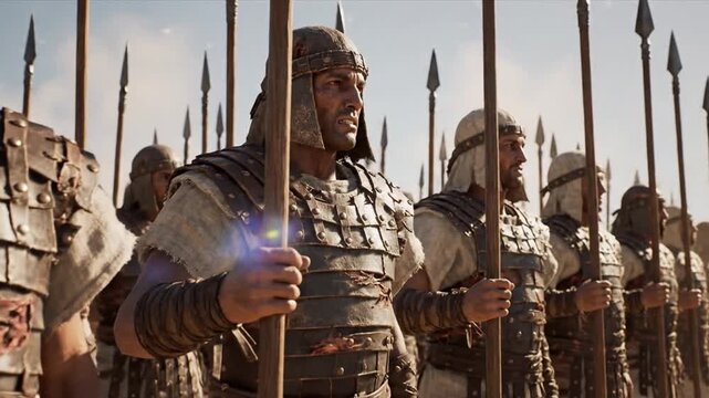 Ancient warriors stand in formation, holding spears, ready for battle.