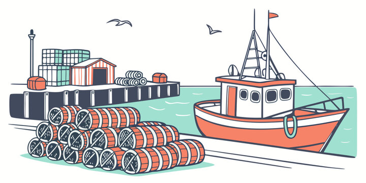 A small orange and white fishing boat next to a pile of lobster traps Vector