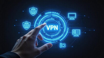 Fototapeta premium Hand touching virtual VPN interface with glowing network icons,secure internet connection and data encryption concept,online privacy protection and cybersecurity technology