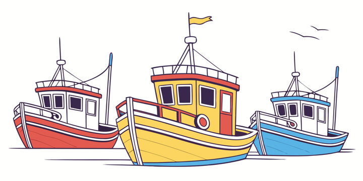 Three colorful fishing boats docked side by side Vector