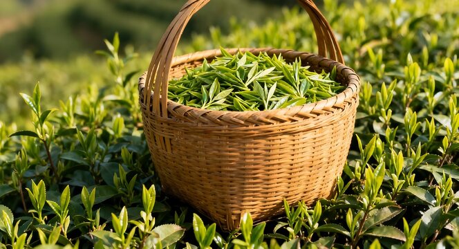 A hand-woven wicker basket overflowing with delicate, freshly harvested green tea leaves, set amidst the lush, rolling landscape of a vibrant tea plantation