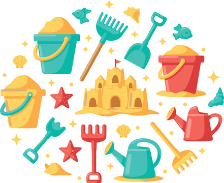 Colorful beach toys and sandcastle vector set with buckets, shovels, rake, watering can, starfish and summer seaside kids play elements