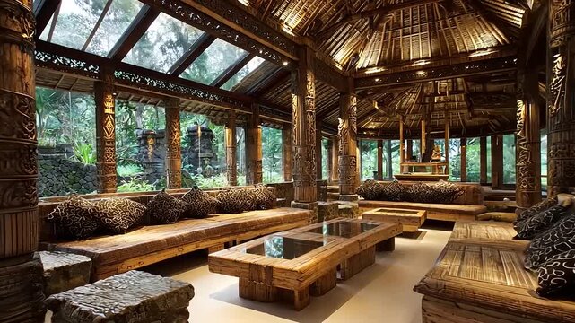 luxury eco lodge interior with wicker furniture
