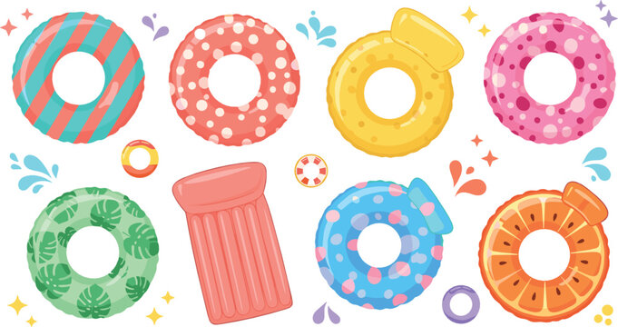 Colorful inflatable pool float set vector illustration with donut rings, fruit floats, air mattress and summer swimming accessories cartoon collection