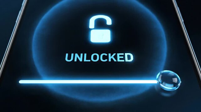Modern Smartphone Slide to Unlock Security Interface Animation with Locked to Unlocked Transition, Futuristic Minimal UI on Black Background, Clean Digital Lock Screen Motion Graphics 4K