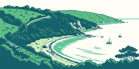 A scenic landscape with a body of water and green hills Vector ©  MST RABEYA  BEGUM