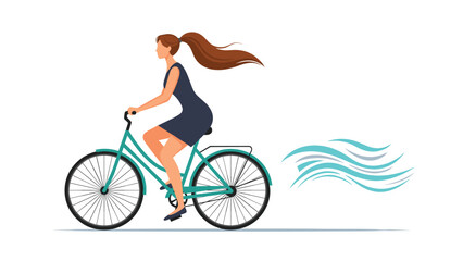 Young woman with a long ponytail rides a green bicycle quickly while stylized wind trails flow behind her in a dynamic flat illustration.