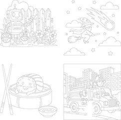 Fototapeta premium Friendly robot in garden coloring page, with fence, flowers, and cute animals, outline art, line art, black and white, line drawing