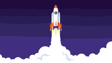 Fototapeta premium Powerful white space rocket launches into the dark purple night sky surrounded by thick billowing white clouds and bright orange flames.