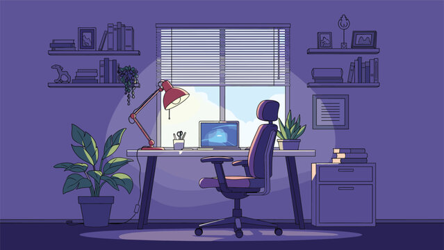Cozy home office setup at night features a glowing desk lamp illuminating a laptop, ergonomic chair, and bookshelves in a purple room.