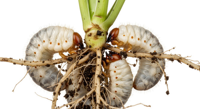 White grubs infesting plant roots on white background