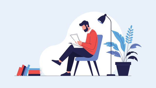 Bearded man sits comfortably in a blue chair reading a newspaper under a floor lamp with several books and a large plant nearby him.