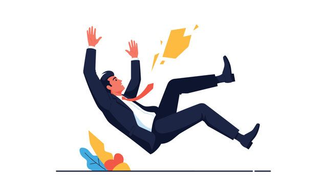 Shocked businessman in a suit is shown falling backwards through space with abstract yellow and blue shapes on a white background.