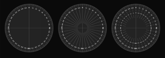Fototapeta na wymiar Degree 360 protractor for earthquake radar. Angle ruler focus on ship screen. Scale measure for light satellite, military naval meter. Metric tool face with gps sound alert on compass geometric hud