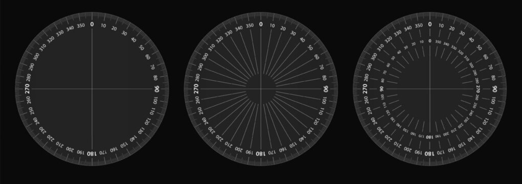 Degree 360 protractor for earthquake radar. Angle ruler focus on ship screen. Scale measure for light satellite, military naval meter. Metric tool face with gps sound alert on compass geometric hud