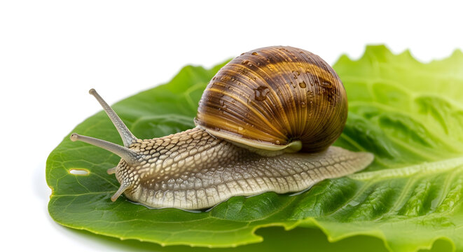 Snail with brown shell on a green leaf eating on white background