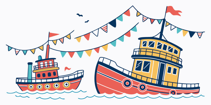 Two boats with colorful flags on the water Vector