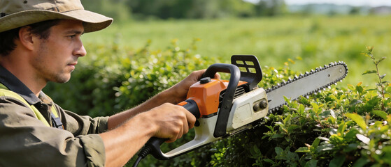 Fototapeta premium Man wearing a hat using a chainsaw to trim green hedge bushes outdoors