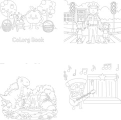 Obraz premium Kids coloring book pages: cute fruit characters, policeman with children, dinosaur land, and musical pizza cartoon, pizza musician