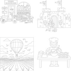 Obraz premium Cute sushi character in bamboo steamer with chopsticks, coloring book page, food illustration, food drawing, line art, black and white