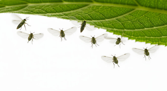 Small green insects flying around a leaf's edge on white background