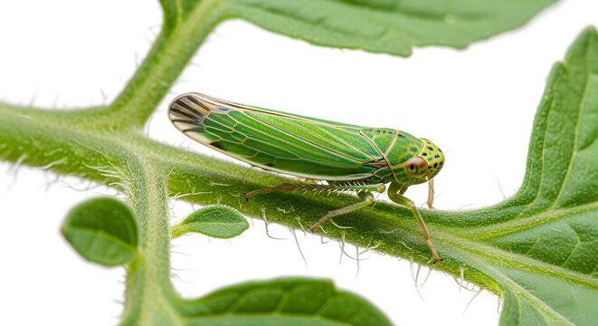 Green leafhopper with distinctive wings and black spots on white background