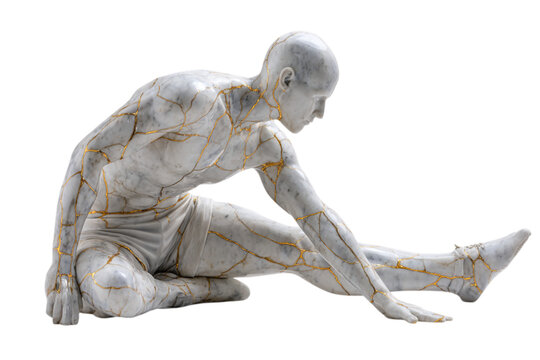 A sculpture of a marble player stretching an extended hamstring on the sideline, the muscle defined by kintsugi gold seams, isolated on white --ar 3:2
