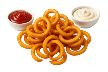 Fototapeta premium Crispy Curly Fries with Ketchup and Mayo Dips Isolated on Transparent Background