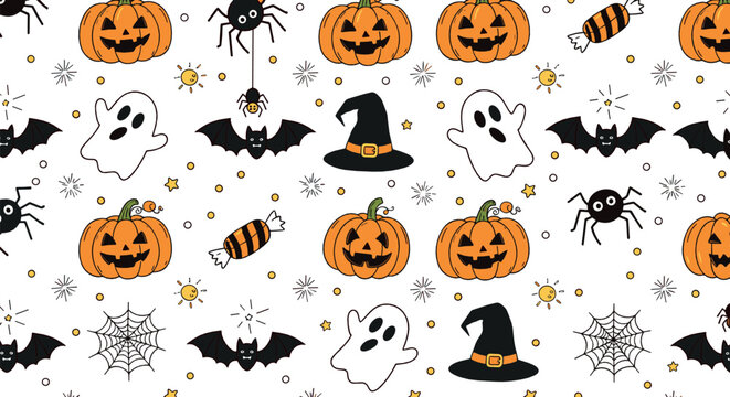 Cute Halloween seamless pattern with pumpkins, ghosts, bats, spiders, witch hats, candy and cobwebs cartoon spooky holiday vector illustration