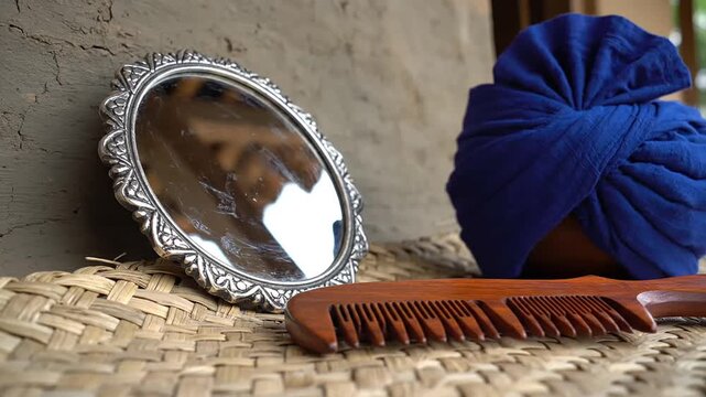 Traditional blue sikh turban with ornate mirror and wooden comb set on woven mat, symbolizing vaisakhi festival preparation in rural india.