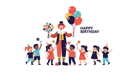 Fototapeta premium Joyful children gather around a cheerful clown holding colorful balloons and flowers at a happy birthday party celebration event.