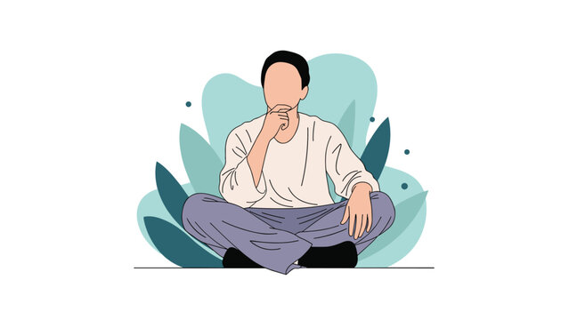 Young man sitting in a meditative pose with hand on chin while deep in thought or contemplating ideas against a leafy background.