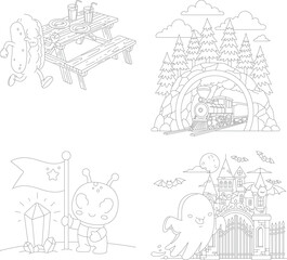 Obraz premium Children's coloring art: picnic scene, train through forest, alien with gem, and spooky haunted house ghost, picnic table