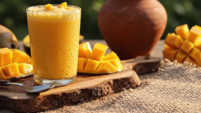 Refreshing mango lassi drink presented with sliced fruit and clay pot in rustic setting reflecting indian vaisakhi festival or summer