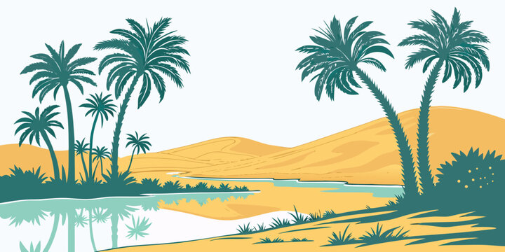 A serene desert oasis with palm trees and a body of water Vector
