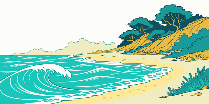 A pixel art illustration of a beach with a wave and trees Vector
