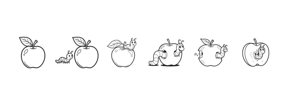 Cartoon Worm in Apple Step by Step-Cute Caterpillar Apple Life Cycle Line Art Vector Set