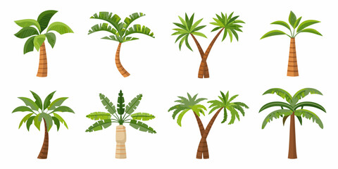 Collection of vibrant cartoon style palm trees in various arrangements © Juna