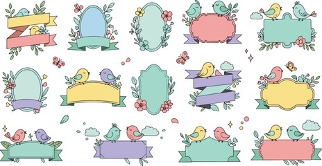 Cute pastel spring frames and ribbon banners with birds, flowers and leaves decorative label collection for greeting cards and invitations vector set